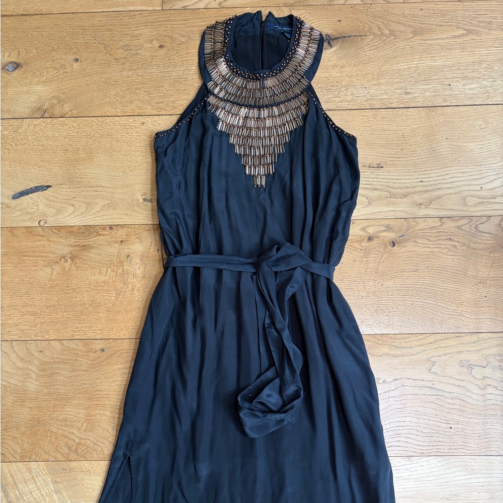 French Connection Silk Black Midi Halter Dress with Gold Beaded Neckline